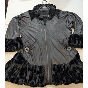 Darkwin Black Goth Coat Faux Fur Trim Ruffle Hem Zip Women’s XXL 1X/2X